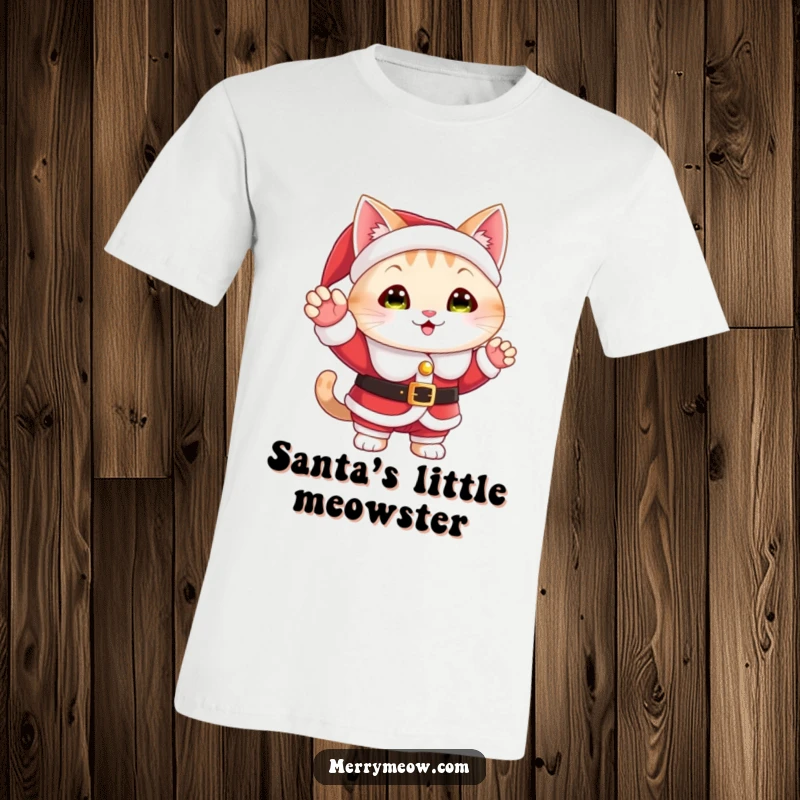 Funny holiday t-shirt featuring a cat dressed as Santa Claus, waving a happy greeting to spread Christmas cheer.