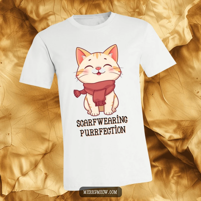 Funny t-shirt print of a giggling cat character joyfully wearing a cozy, festive scarf, embodying holiday cheer and lighthearted fun.