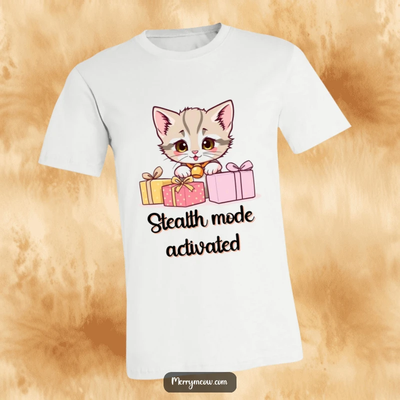 Funny t-shirt showcasing a cute kitten with a bell collar peeking from behind Christmas presents, great for cat enthusiasts.