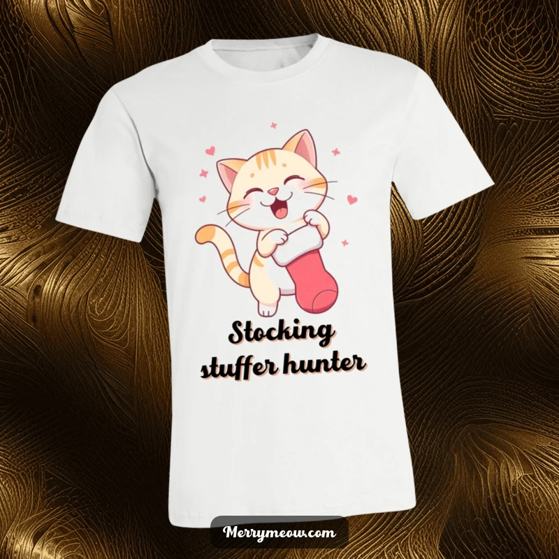 Funny t-shirt illustrating a cat character in mid-action, gleefully swatting at a Christmas stocking hanging nearby, capturing pure playful energy.