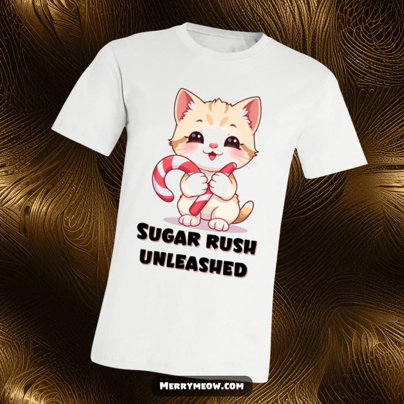 Funny T-Shirt: A cute kitten with a candy cane, expressing pure glee and holiday spirit, a fun and funny gift.