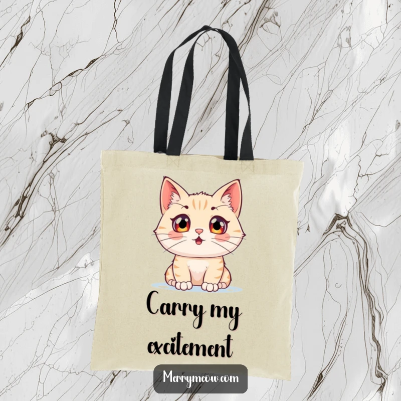 Funny tote bag with a cat character with wide, excited eyes watching snowflakes fall, bringing winter wonder anywhere.