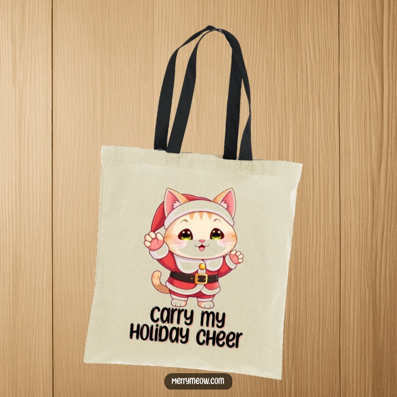 Funny tote bag with a cat character in a Santa suit, waving a cheerful hello, ideal for holiday shopping.