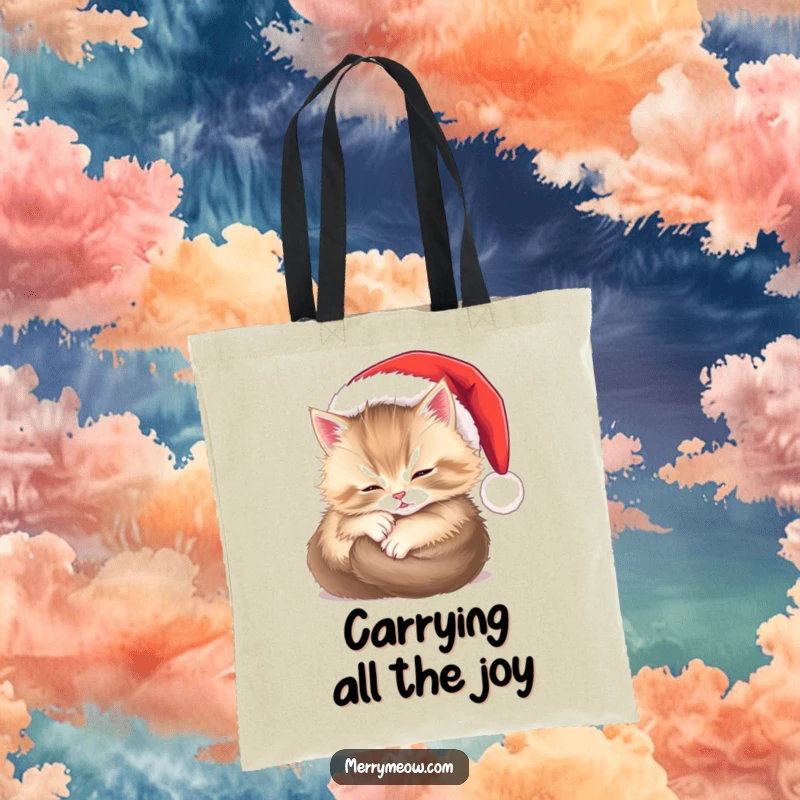 Funny tote bag showcasing a super fluffy kitten nestled comfortably within a small Santa hat, perfect for festive outings.