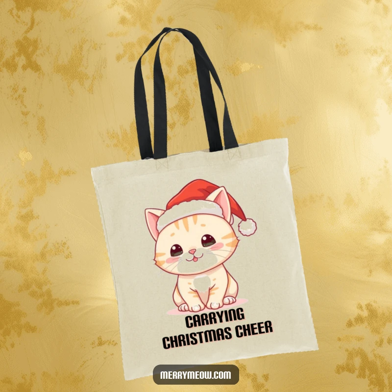 Funny tote bag with a cute Christmas cat wearing a Santa hat, perfect for holiday errands.