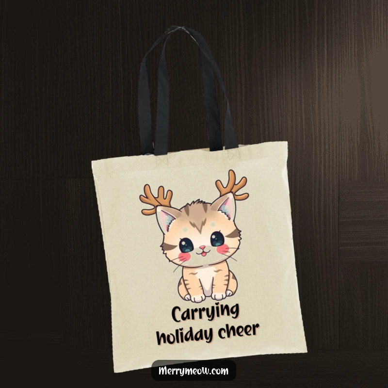 Funny Tote Bag: A playful cat wearing reindeer antlers looks directly at the viewer with a hilariously festive and cute expression.