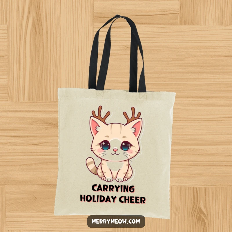 Funny tote bag with an illustration of a cat character adorably wearing tiny reindeer antlers, ready for a festive holiday occasion.