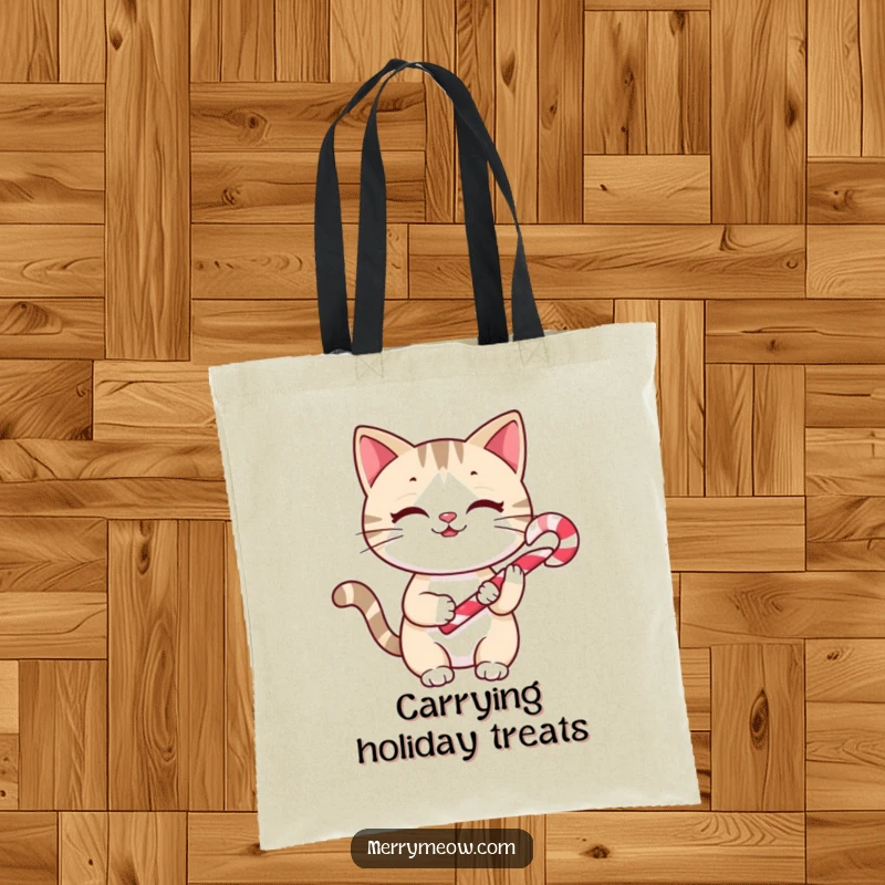 Funny Tote Bag: Cheery cat character holding a tiny candy cane, designed for holiday lovers and cat enthusiasts.