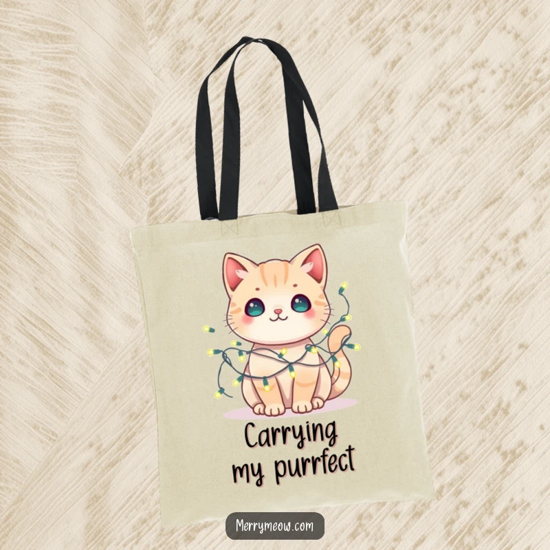 Funny kawaii cat tote bag featuring a cat tangled in fairy lights, a cute and festive accessory.
