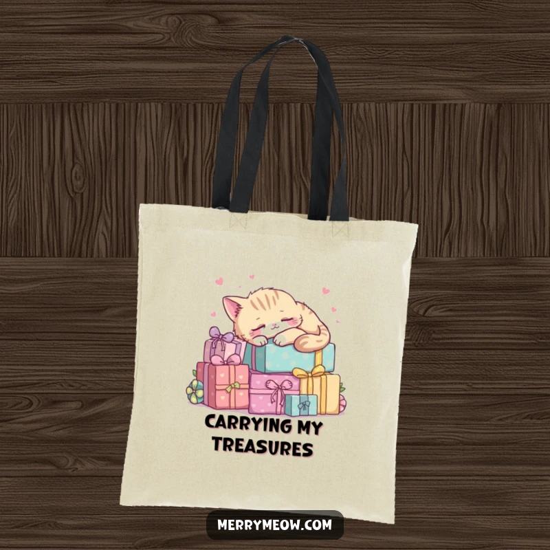 Funny kawaii cat peacefully sleeping on a pile of gift boxes, a cute and practical tote bag.