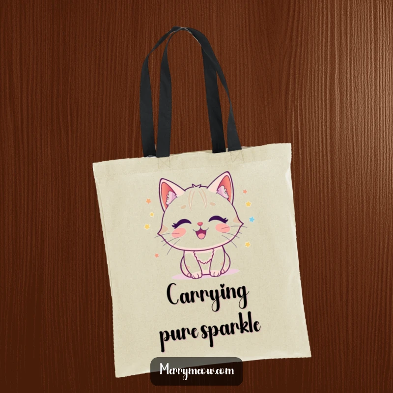 Funny cat character joyfully batting at tinsel, designed on a stylish and festive tote bag.