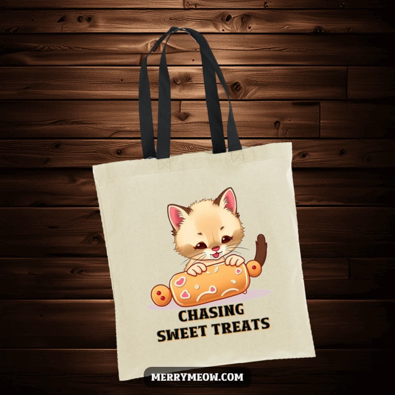 Funny tote bag with a cute Siamese kitten gleefully playing with a rolling gingerbread cookie, perfect for shopping trips.