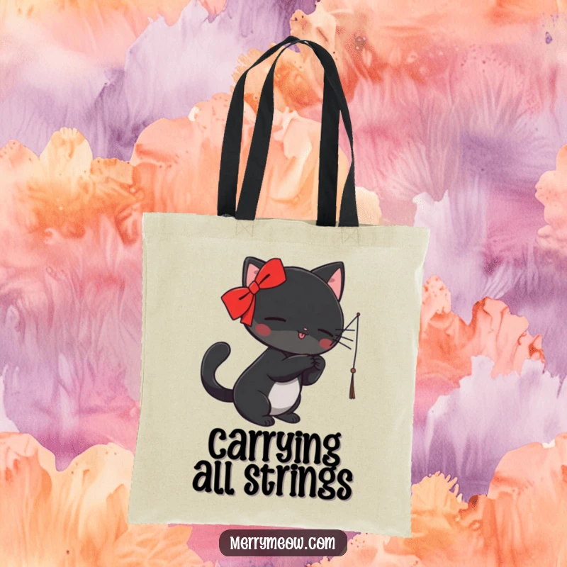 Funny Tote Bag: A black cat adorned with a red ribbon playfully bats at a dangling string, showcasing hilarious feline antics.