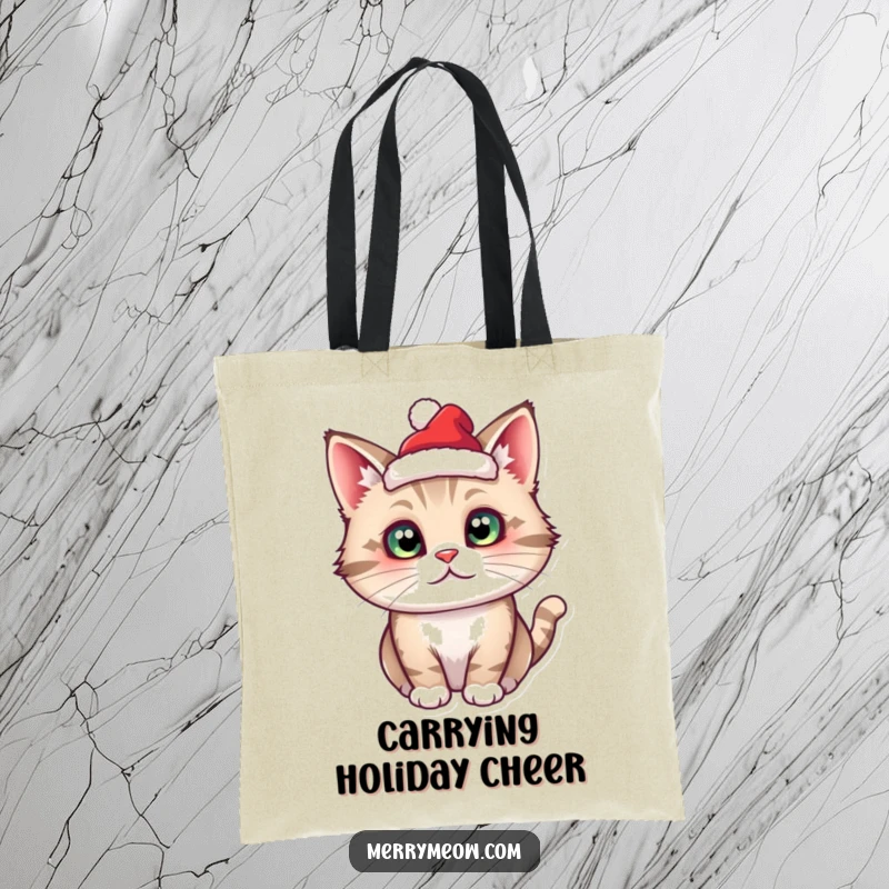 Funny cat wearing a small Santa hat, featured on a durable and festive tote bag for carrying items.