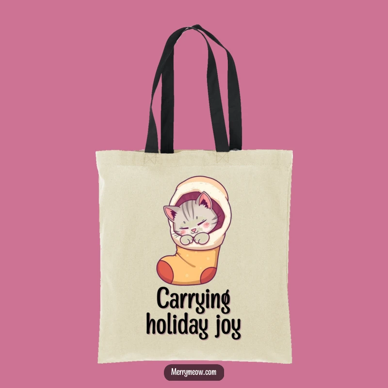 Funny Cat Stocking Tote Bag: Carry holiday essentials with this purring kitty, a cute funny gift.