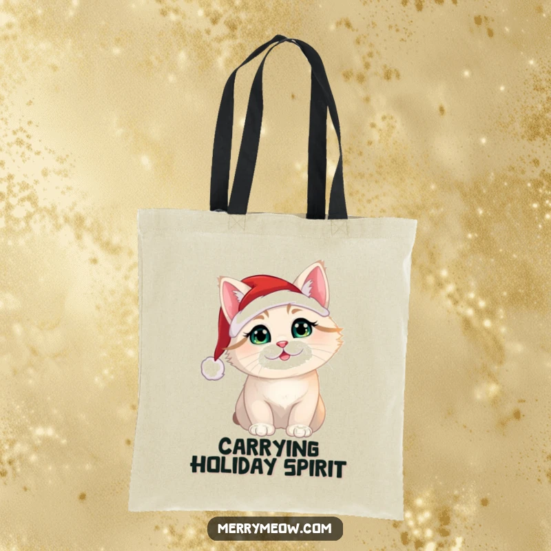 Funny Christmas cat in a Santa hat on a durable tote bag, perfect for holiday shopping and daily use.