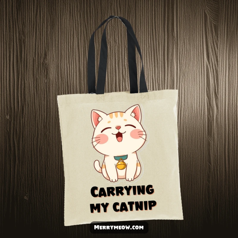Funny content cat tote bag showcasing a happy, purring cat adorned with a tiny bell, perfect for carrying daily necessities with a humorous flair.
