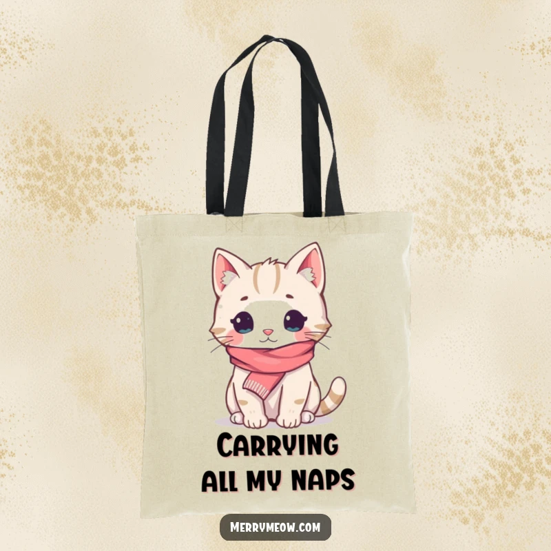 Funny Tote Bag: A charming cat adorned with a tiny scarf, looking cozy and ready for adventures, great for a funny gift.