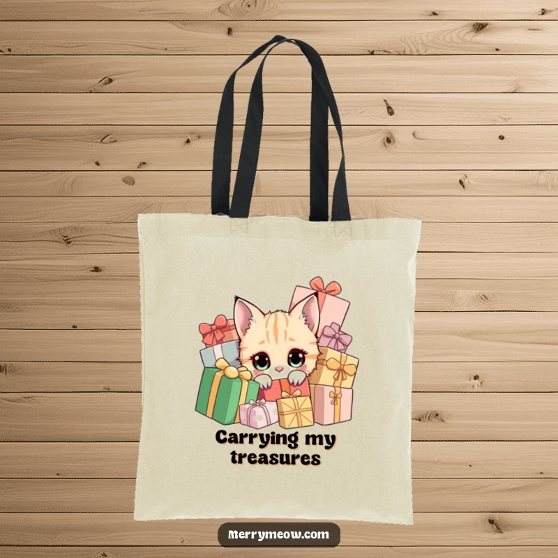 Funny tote bag showing a curious cat peeking from holiday presents, a festive and amusing accessory.