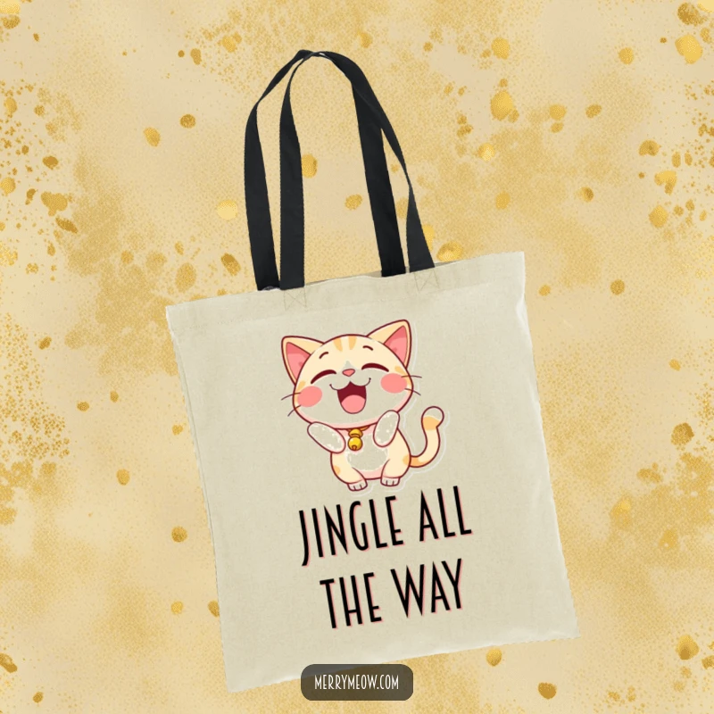 Funny Tote Bag: Excited cat character with a little bell on its tail, designed for those who love playful surprises.