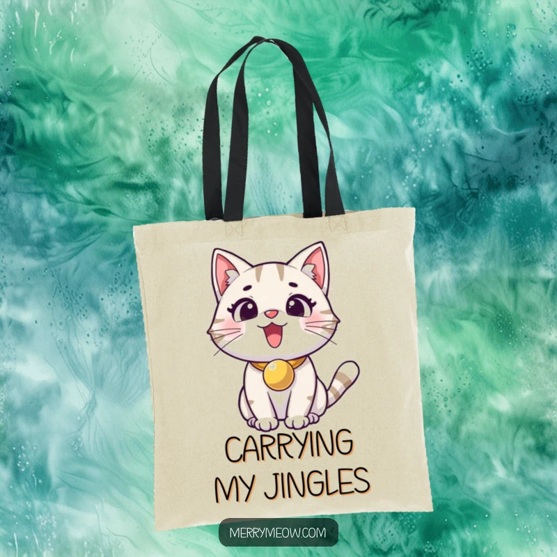 Funny tote bag with an excited cat wearing a jingle bell collar, perfect for carrying your items with feline flair.