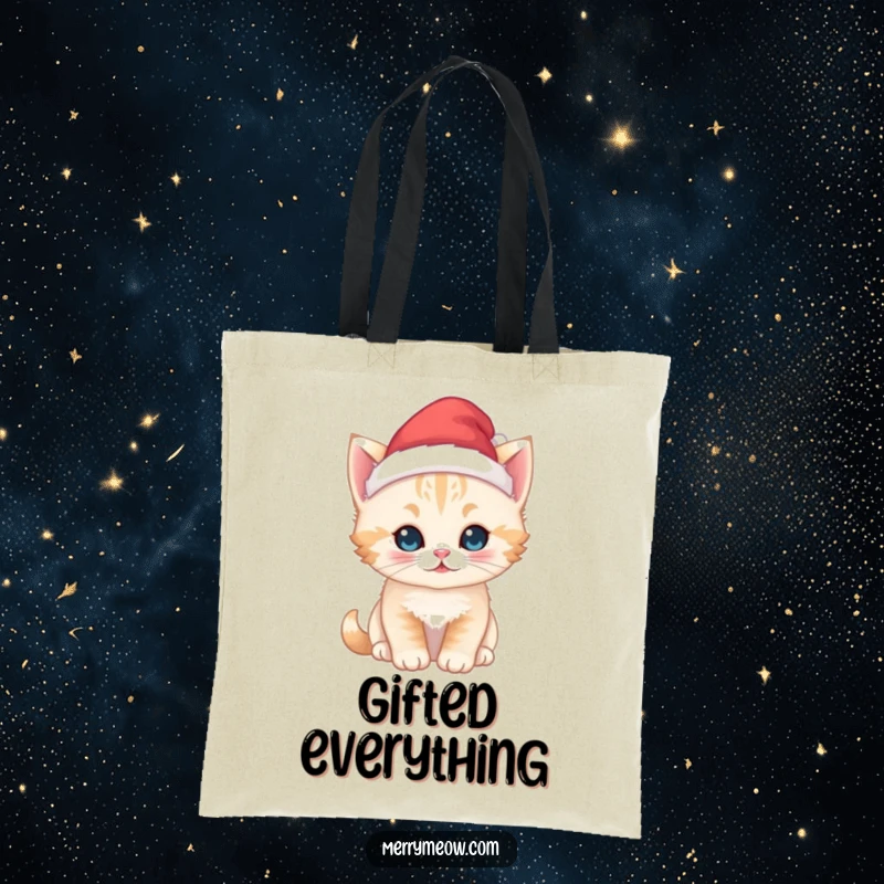 Funny kawaii kitten tote bag, wearing a tiny Santa hat, perfect for carrying holiday gifts and spreading Christmas cheer.