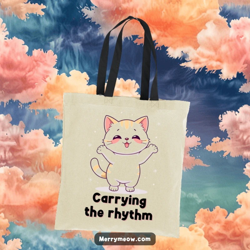 Funny Kawaii Cat Tote Bag showing a cute cat performing a silly dance with snowflakes falling around it, stylish and fun.