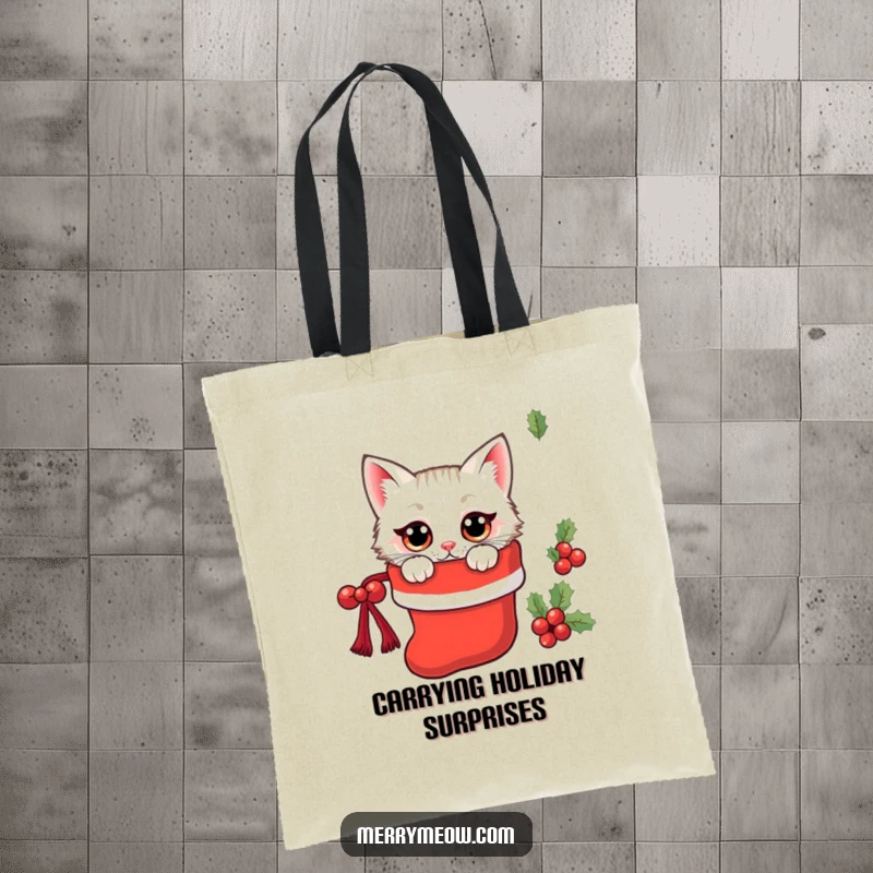 Funny kawaii cat peeking from a Christmas stocking, a festive and functional tote bag.