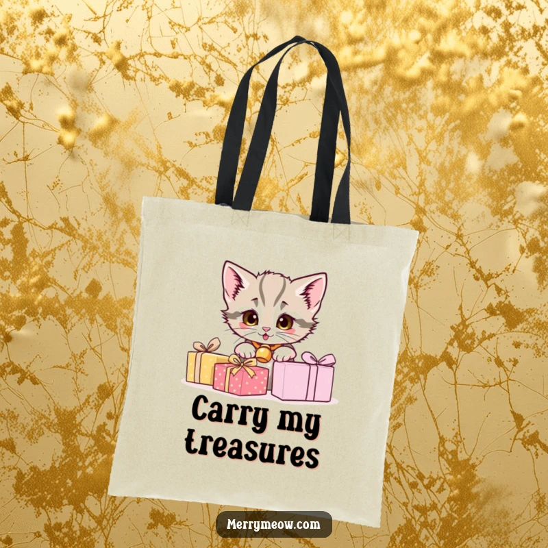 Funny tote bag with a cute kitten peeking from behind presents, ideal for grocery shopping or everyday use.