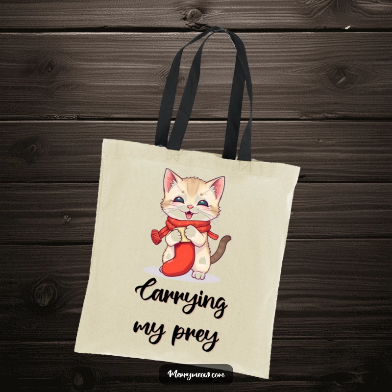 Funny tote bag featuring a playful kitten in a scarf wrestling a stocking, perfect for holiday errands with a touch of humor and cuteness.