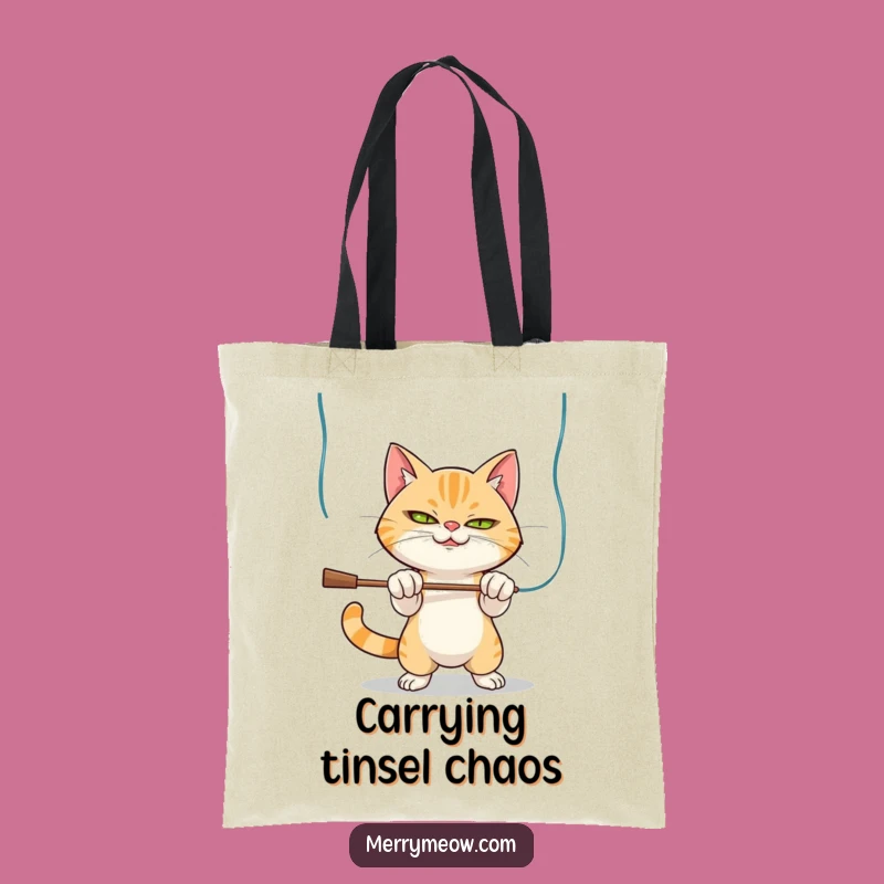 Funny Mischievous Cat Tinsel Tote Bag: Carry Your Holiday Cheer, A Hilarious Gift!