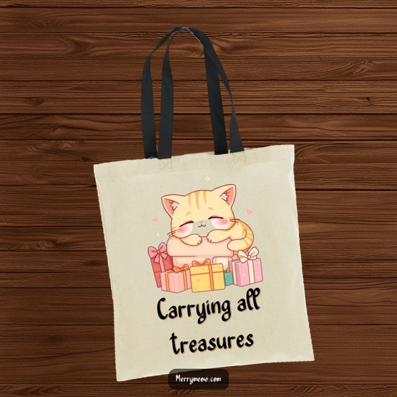 Funny tote bag with a happy cat character napping on a pile of gifts, showcasing cozy holiday vibes and practicality.