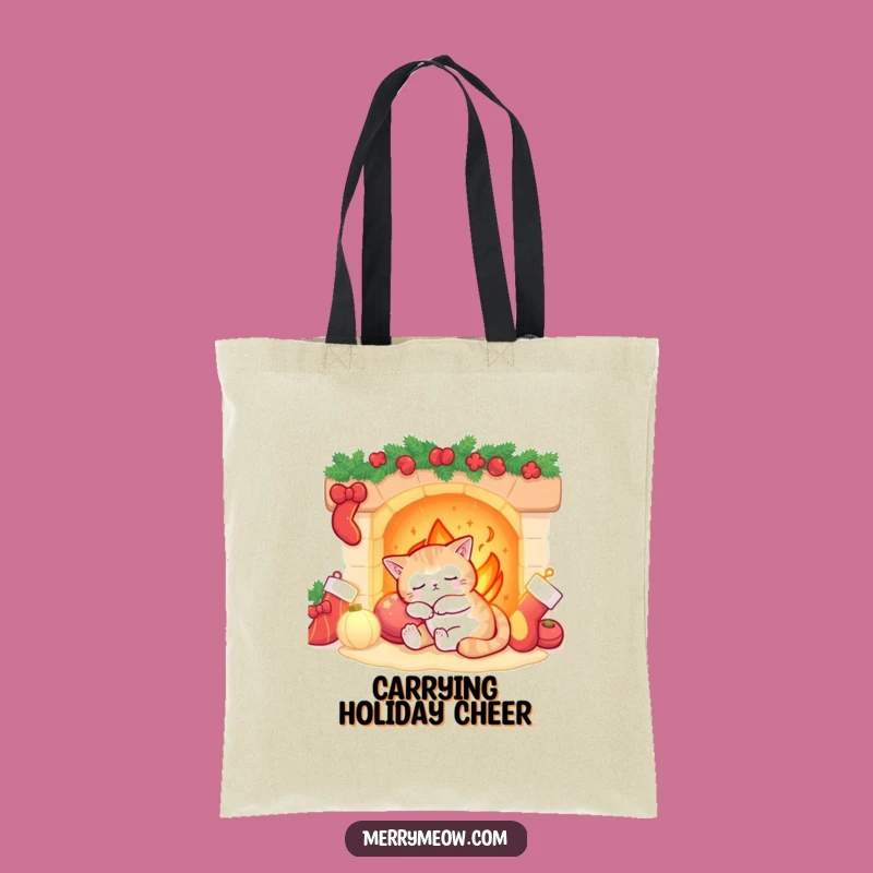 Funny Sleepy Cat Fireplace Tote Bag: Carry Cozy Holiday Cheer!