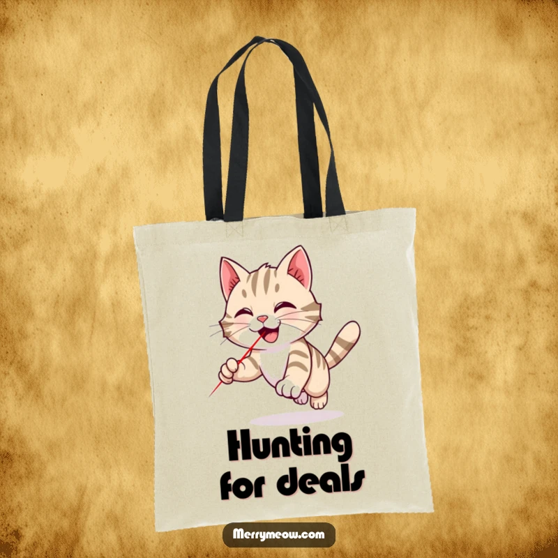 Funny tabby cat tote bag showcasing a cat enthusiastically chasing a red laser dot, bringing playful energy and humor to everyday use.