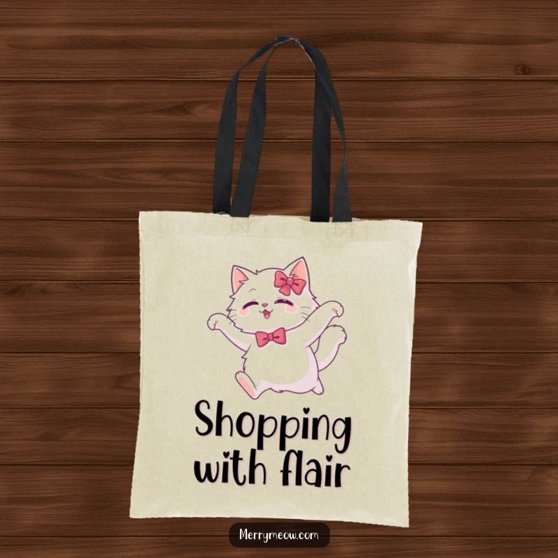 Funny white cat tote bag showcasing a fluffy cat in a festive bow, mid-leap, embodying elegance and playful movement.