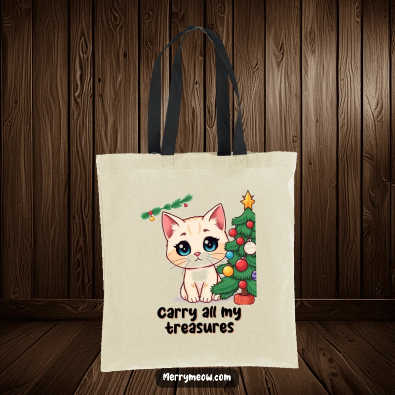Funny tote bag with an illustration of a wide-eyed cat character mesmerized by the sparkly splendor of a decorated Christmas tree, full of holiday spirit.