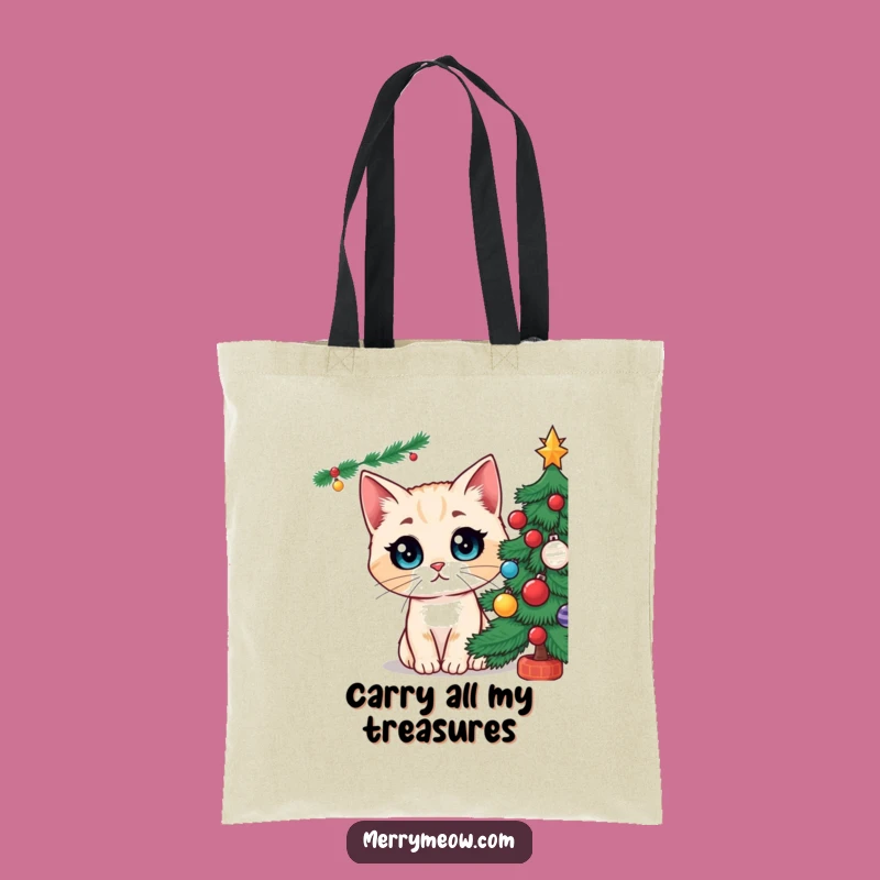 Funny Wide-Eyed Cat Christmas Tree Tote Bag: Chic Feline Holiday Accessory