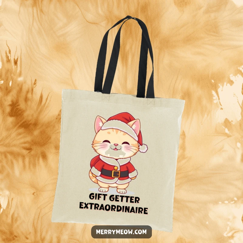 Funny Kawaii Santa Cat Tote Bag featuring a cute cat in a Santa suit with a cheeky grin, perfect for shopping.
