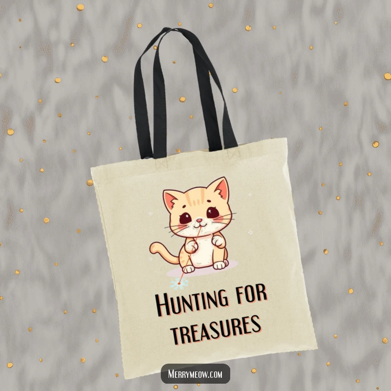 Funny kawaii cat chasing a laser pointer dot across a snowflake, a fun and functional tote bag.