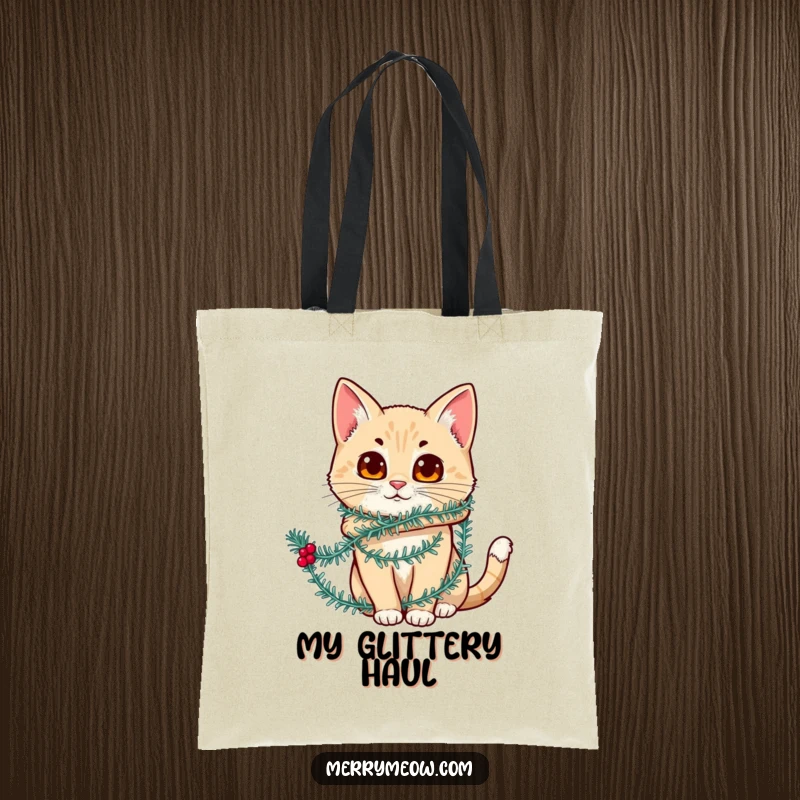 Funny tote bag showcasing a cat character humorously wrapped in festive tinsel, perfect for carrying essentials with holiday cheer.
