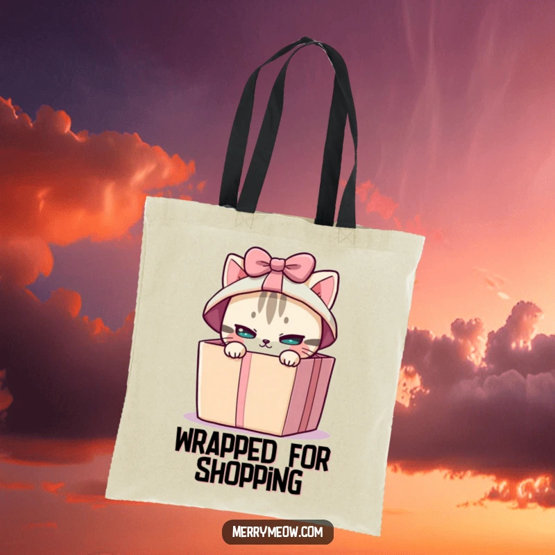 Funny tote bag with a mischievous cat peeking from a brightly wrapped gift box, perfect for carrying everyday essentials with flair.